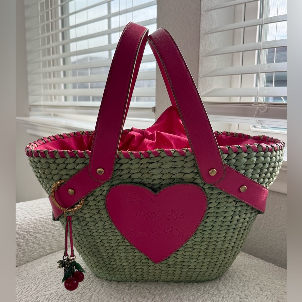 Rare Juicy couture raffia woven basket bag handbag pink green gold